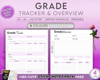 Minimalistic Grade Tracker Printable | Teacher Gradesheet Overview | Student Planner Homework , Grade Card Template , Assignment Tracker
