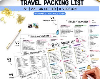 Editable Travel Packing List, Travel Checklist Printable, Travel Planner, Travel Organizer, Travel Vacation Planner, Packing List for Women