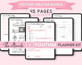 Kit de planificación digital definitiva para YouTube (45 páginas)/ Creador de contenido para redes sociales/ Planificador de estrategias/ Planificador de redes sociales/ Rastreador mensual de YouTube