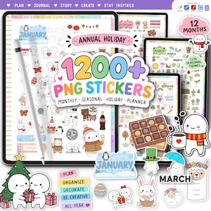 Könnte beinhalten: Ein digitales Sticker-Set mit über 1200 PNG-Dateien für Planer, einschließlich saisonaler, festlicher und monatlicher Themen. Die Sammlung zeigt verschiedene niedliche Charakterillustrationen, festliche Symbole und Textbeschriftungen.