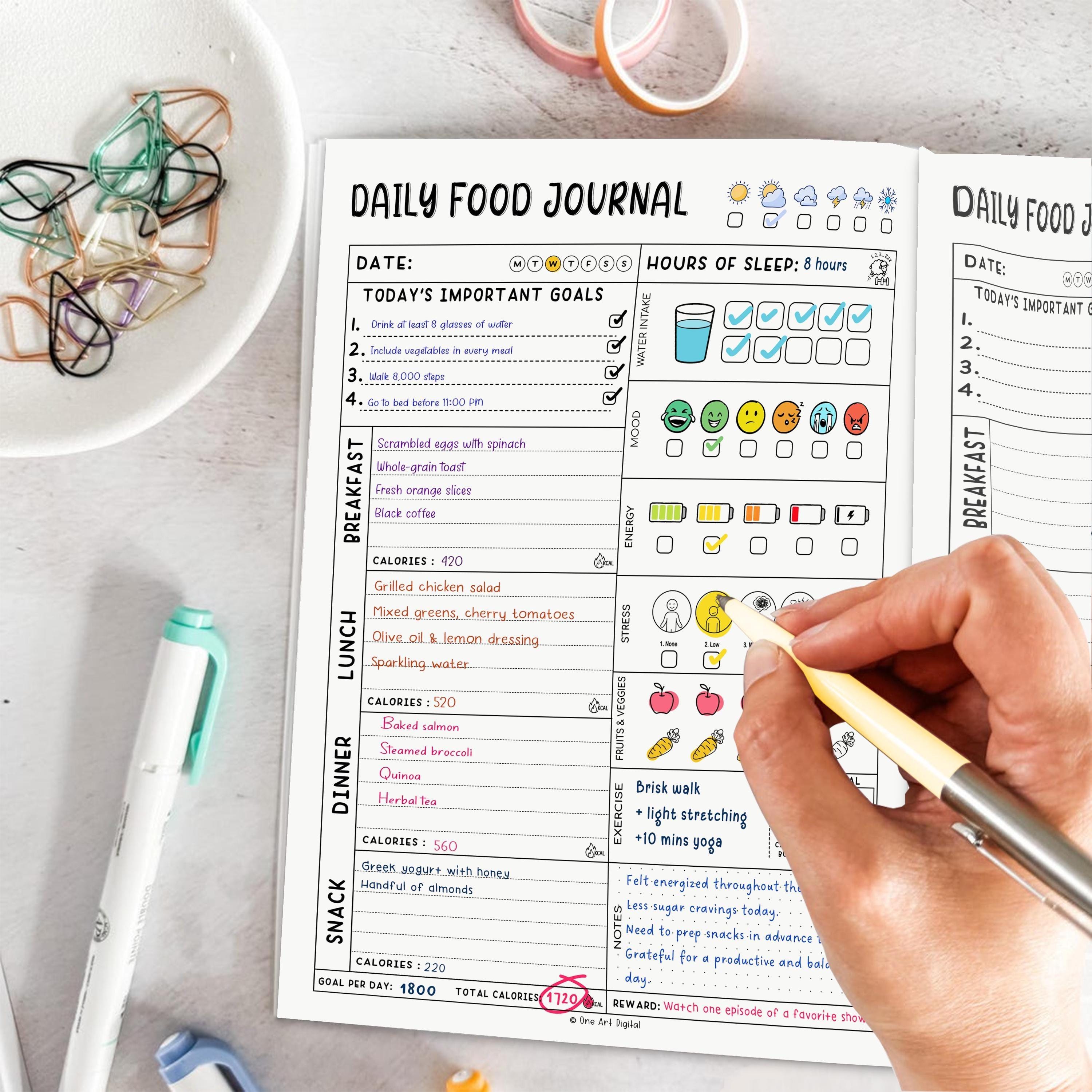 Editable Daily Food Journal | Diet and Calorie Tracker | Workout &amp; Mood ...