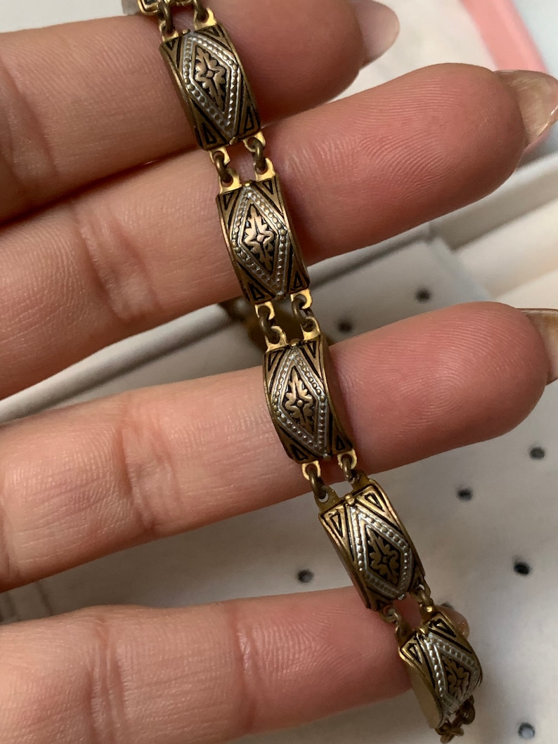 Vintage damascene bracelet dainty damascene gold bracelet spring closure black and gold toldeoware bracelet