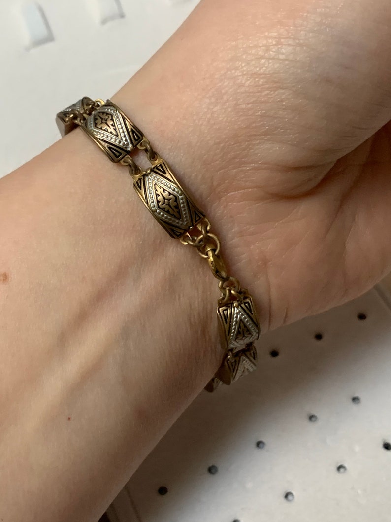 Vintage damascene bracelet dainty damascene gold bracelet spring closure black and gold toldeoware bracelet