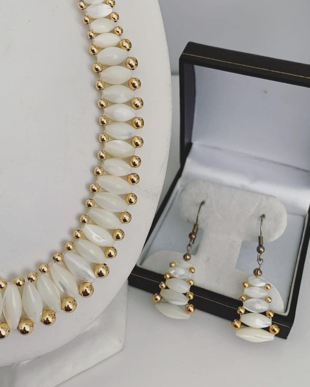 Hand Made Jewelry Set, Vintage Bead Jewelry Set, White Bead Jewelry