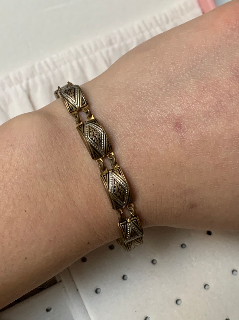 Vintage damascene bracelet dainty damascene gold bracelet spring closure black and gold toldeoware bracelet