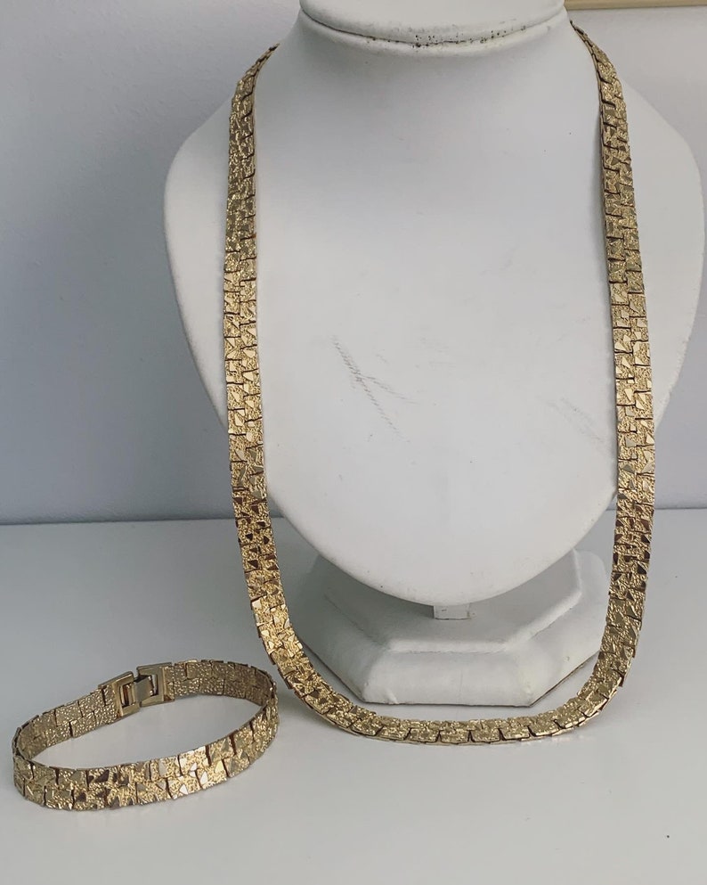 gold jewelry set Hammered gold necklace and bracelet set vintage gold tone necklace