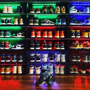 Sneaker Throne Shoe Rack with Lights Sleek Wood Shoe Shelf with Sliding Doors Premium Shoe Organizers and Shoe Storage for Closets image 10