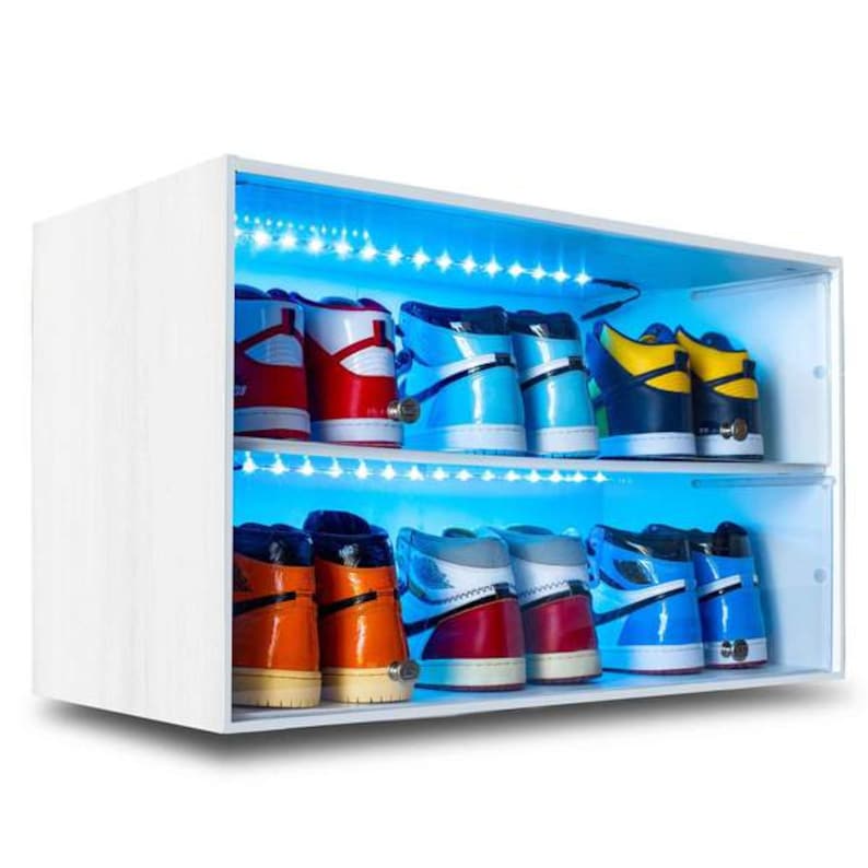 Sneaker Throne Shoe Rack with Lights Sleek Wood Shoe Shelf with Sliding Doors Premium Shoe Organizers and Shoe Storage for Closets image 2