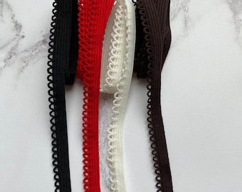 10mm Picot Edge Elastic- Black/Navy/Red/White/Chocolate