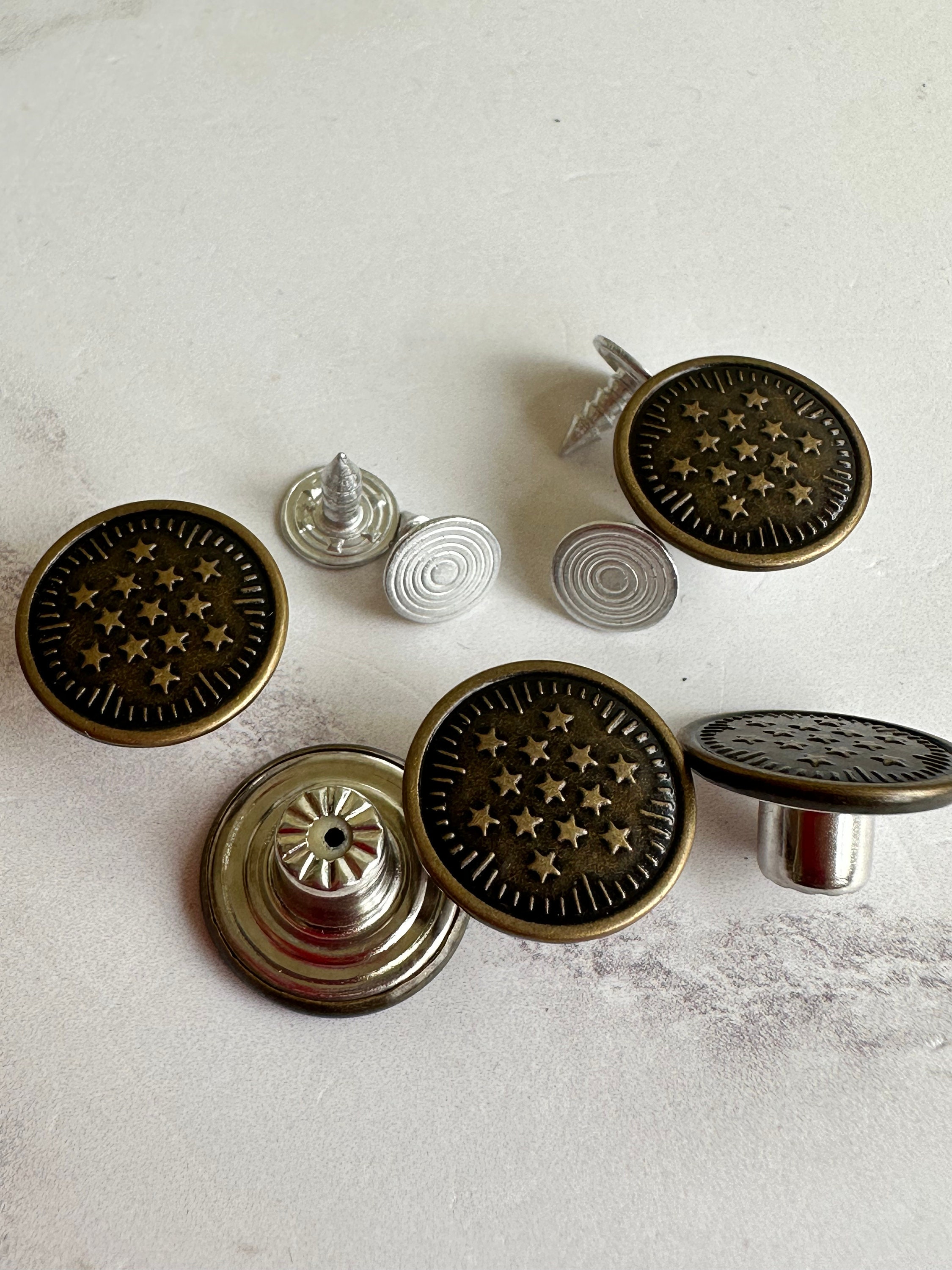 15 Tack Buttons, Copper Tone Metal, 17mm, Star Bullseye, Jean Jacket Type, No  Sew, Suspender Buttons 