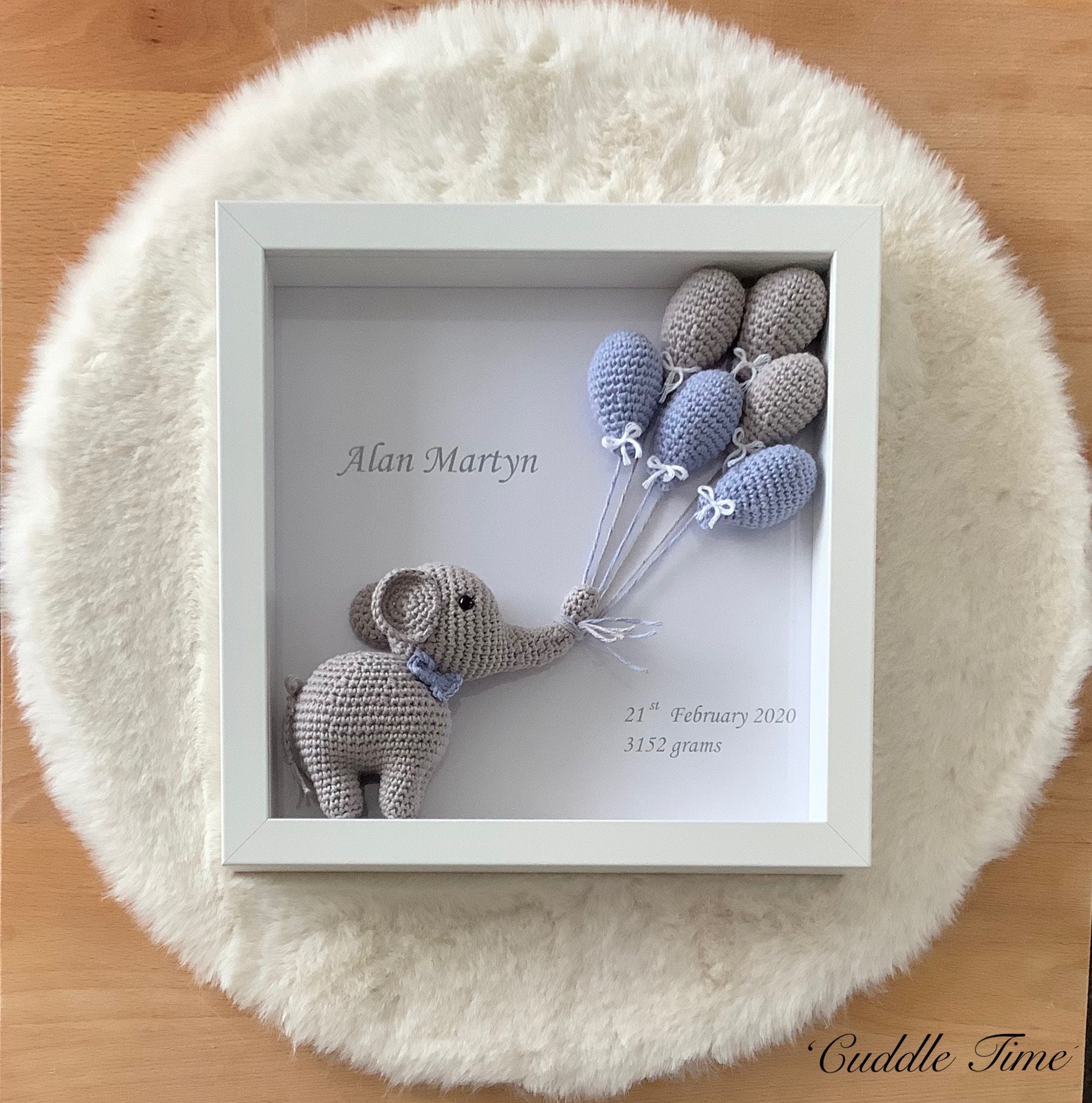 3D Baby Gift, Box Frame, Crochet Elephant, Baby Room Picture, Nursery