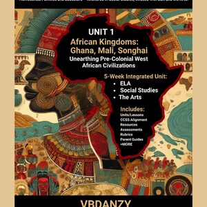 Peut inclure: Couverture de ressource éducative intitulée "Royaumes africains : Ghana, Mali, Songhaï". L'image présente une illustration du contour du continent africain, un profil africain et du texte détaillant le programme pour les classes 4-8, incluant ELA, Sciences sociales et Arts.