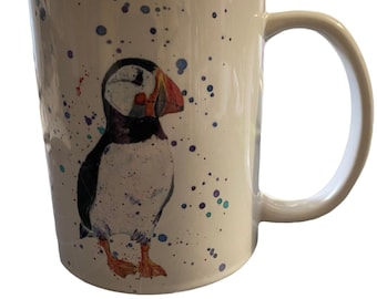 Puffin Mug, beautiful puffin in flight 3 different pictures with blue spot background, Christmas gift, stocking filler, secret Santa
