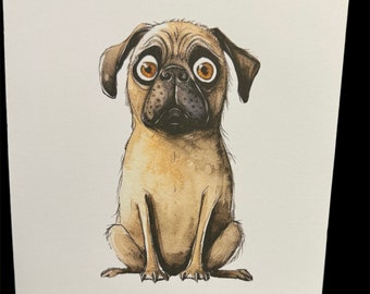Pug Card, Cartoon funny Pug greetings card