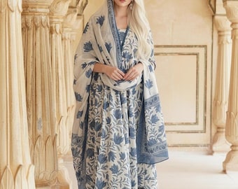 Floral Anarkali Set | Handmade Block Print 3-Piece Indian Outfit