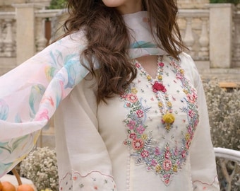 Floral Embroidered Silk Blend Kurta Set with Printed Dupatta, Indian Ethnic Wear