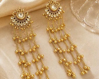 Gold Plated Long Drop Earrings, Indian Bridal Dangle Earrings, Statement Ethnic Jewelry, Wedding Jewelry, Boho Luxe Earrings Gift for Her