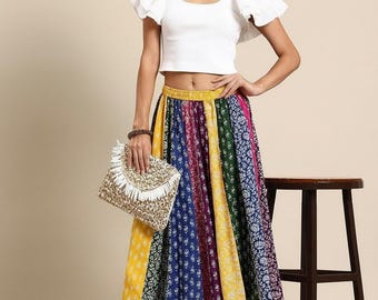 Handmade Cotton Maxi Skirt | Multicolour Floral Print, Elastic Waist