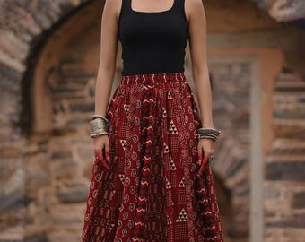 Boho Cotton Maxi Skirt • Flared Indian Long Skirt • Ethnic Printed Skirt for Women • Festival Wear • Plus Size Available