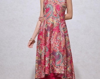Paisley Print A-Line Kurta Palazzo Set, Sleeveless Ethnic Co Ord Outfit