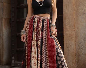 Handmade Patchwork Cotton Maxi Skirt – Boho Ethnic Festival Flared Skirt