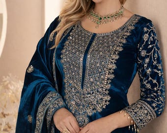 Embroidered Velvet Kurta Palazzo Set | Teal Indian Wedding Wear