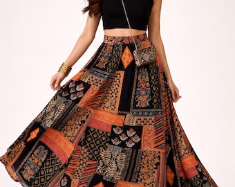 Handmade Patchwork Maxi Skirt, Boho A-Line Flowy Ethnic Print, Festival Outfit, Viscose Rayon