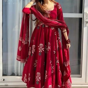 indian rayon embroidered dresses Karmelle 1970s Embroidered Red Indian Rayon Floral Trim Dress Featherstone Vintage