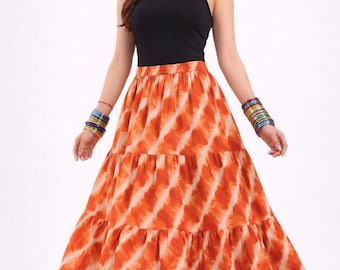 Tiered Cotton Maxi Skirt, Vibrant Leheriya Print, Boho Summer Vacation Outfit