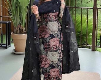 Black Floral Kurta Set • Embroidered Dupatta, Rayon Blend Indian Suit