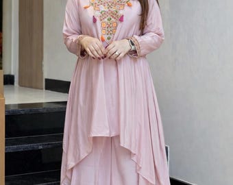 Pink Embroidered Tunic Palazzo Set | Silk Blend Ethnic Fusion Wear