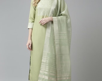 Green Kurta Palazzo Dupatta Set | Cotton Blend Indian Outfit