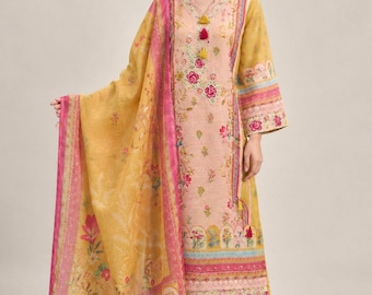 Embroidered Linen Kurta Set with Dupatta, Mustard Floral Indian Suit, Thread Work Kurta Pants , Pakistani Style Outfit, Festive Wedding Wear