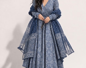 Blue Bandhani Anarkali Kurta Set with Palazzo and Dupatta, Cotton Angrakha Ethnic Outfit