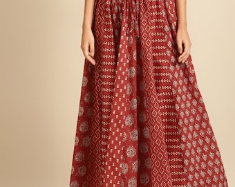 Block Print Cotton Maxi Skirt, Handmade Indian Flared Ethnic Skirt for Women