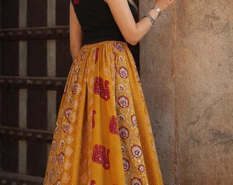 Handmade Cotton Maxi Skirt - Rajasthani Print Flared Boho Skirt