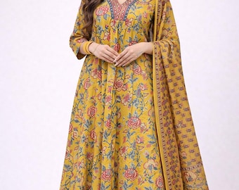Floral Anarkali Co-Ord Set, Mirror Work Indian Kurta Palazzo Dupatta, Boho Ethnic Outfit
