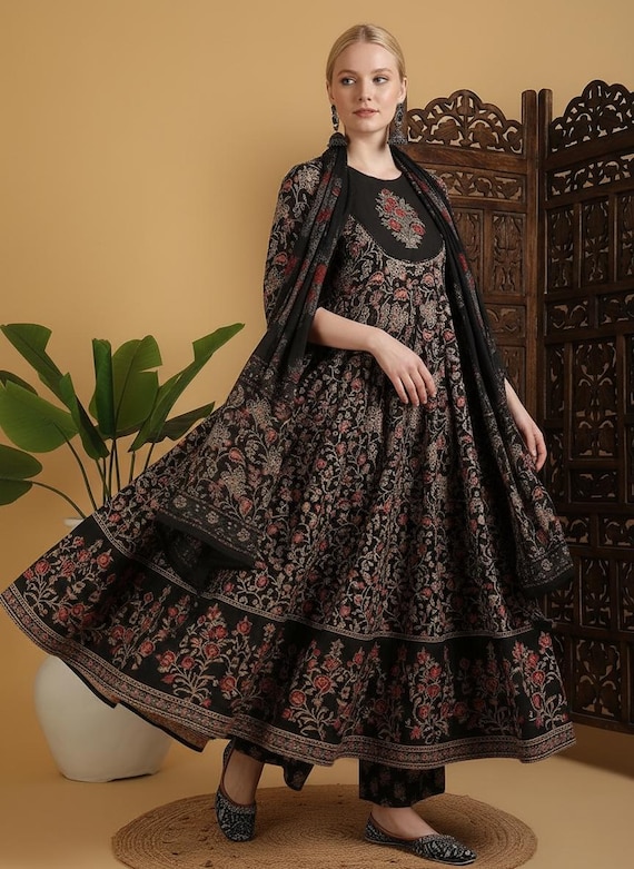 Handcrafted Black Floral Anarkali Kurta Set Block Print Outfit