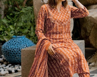 Floral Print Cotton Kurta Set | Indian Trousers & Dupatta