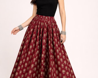 Maroon Floral Cotton Maxi Skirt, Flared Boho Summer Skirt for Women