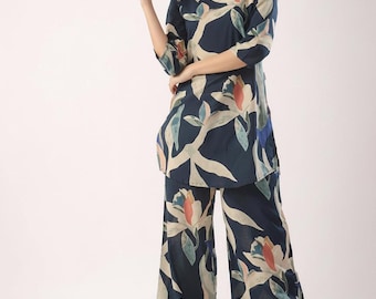 Floral Cotton Loungewear Set | Navy Blue 2-Piece Sleepwear