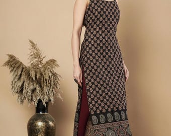 Handmade Sleeveless Floral Cotton Kurta, Indian Ethnic Wear