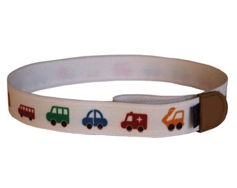 Children's belt without buckle with a car motif