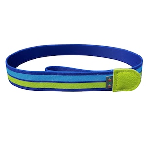 Cinto infantil com listras azul e verde, cinto infantil sem fivela, cinto para crianças e bebês, ajustável de forma flexível, fabricado na Alemanha