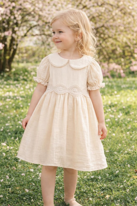 cream color toddler dress Cream Color Woven Muslin Cotton Embroidered Kids Dress – Soft, Breathable