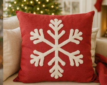 Punch Embroidered Snowflake Pillow Cover - Holiday Christmas Decor (43x43 cm)