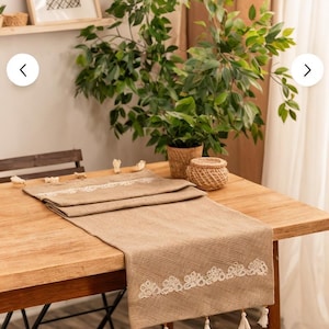 Caminho de mesa bordado à mão em algodão, juta e linho (3 peças): tapeçaria de mesa com aparência natural.