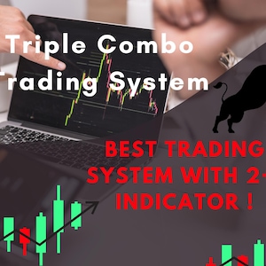 Op de afbeelding: Een laptop met een aandelen grafiek en de tekst "Triple Combo Trading System". Rechts een zwart silhouet van een stier met de rode tekst "BEST TRADING SYSTEM WITH 2+1 INDICATOR!"