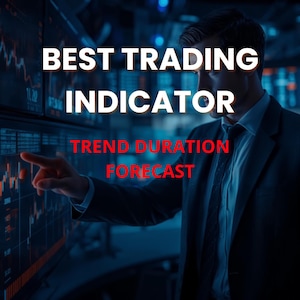 May include: A man in a suit points at a screen displaying financial data. The text "BEST TRADING INDICATOR" is at the top, with "TREND DURATION FORECAST" below. The background is dark with multiple screens.