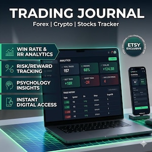 May include: A laptop and smartphone displaying a trading journal interface. The laptop screen shows analytics, including win rate, total trades, and risk/reward tracking. The smartphone mirrors the data. Text on the screen reads "Trading Journal" and "Forex | Crypto | Stocks Tracker."